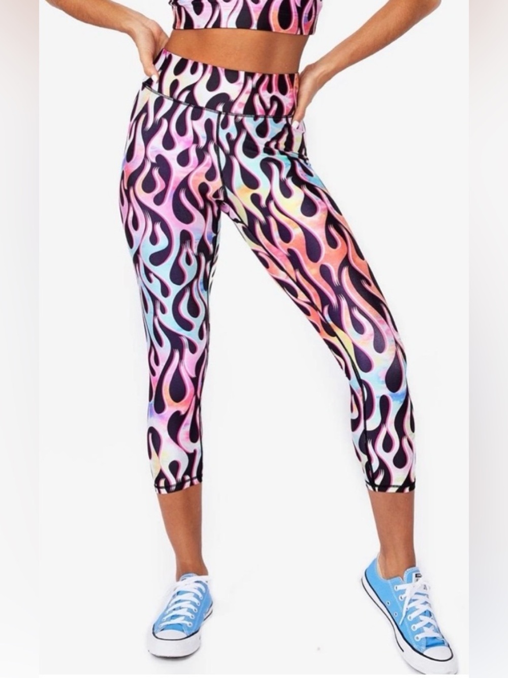 TEREZ X TORCHD M Rainbow Flame Printed Hi-Shine Compression Legging Tights Crop